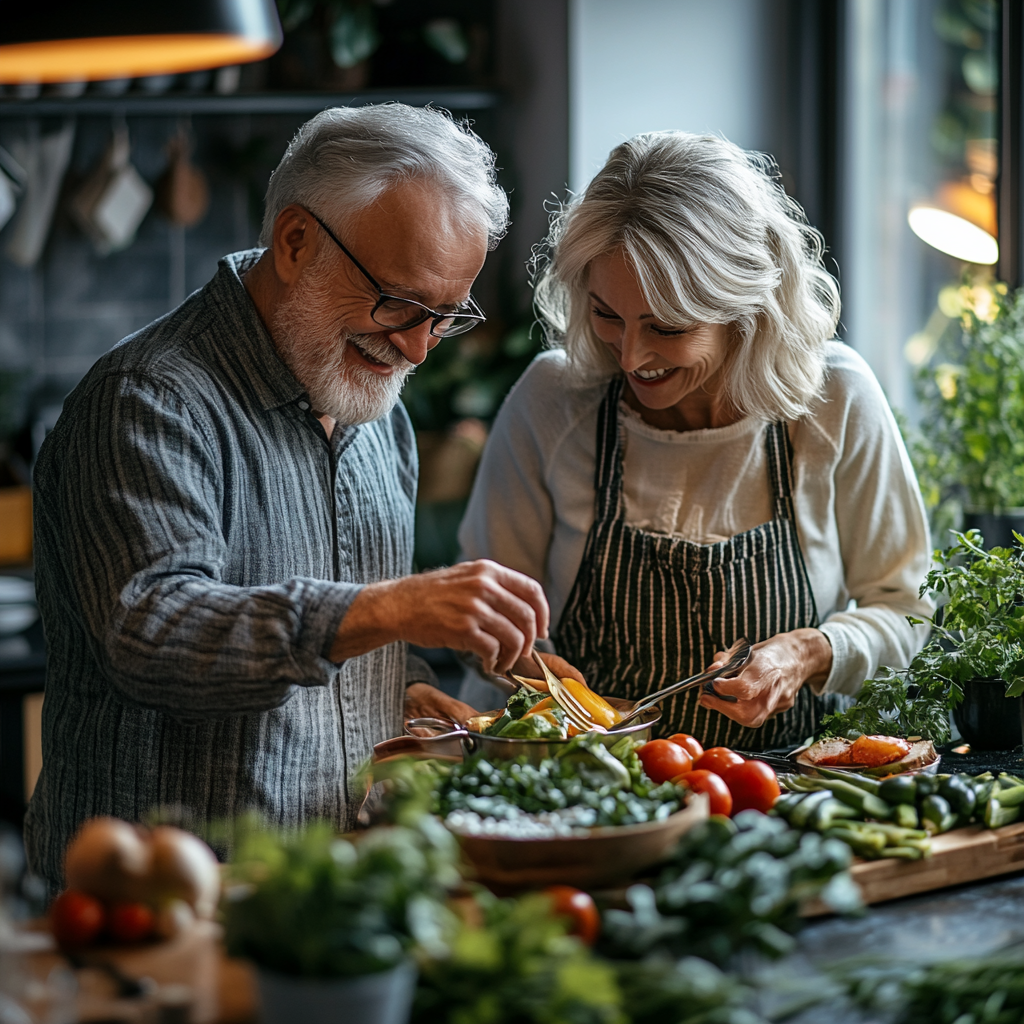 Щаслива пара у віці 55-60 років готує разом на кухні, на столі свіжі овочі та здорові продукти