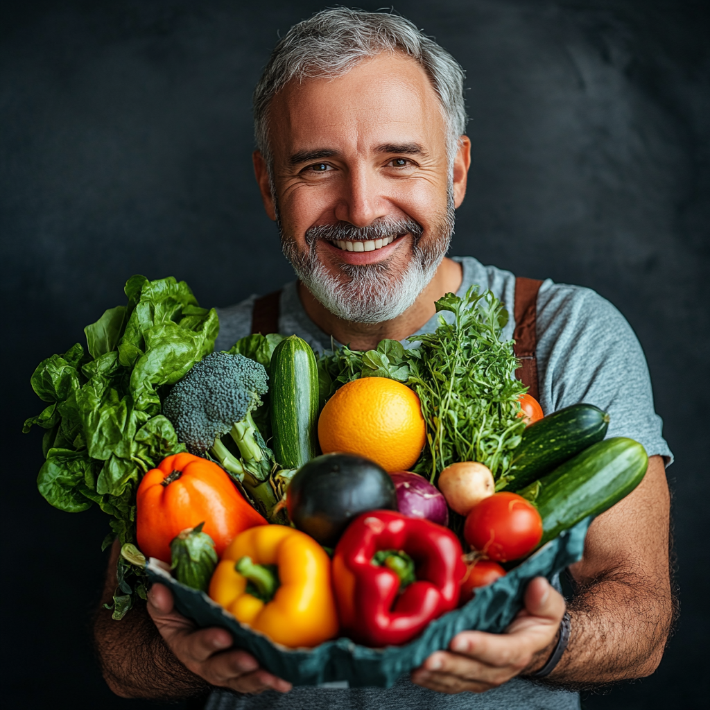 Людина у віці 50-60 років тримає свіжі овочі та фрукти, посміхається, демонструючи здоровий спосіб життя