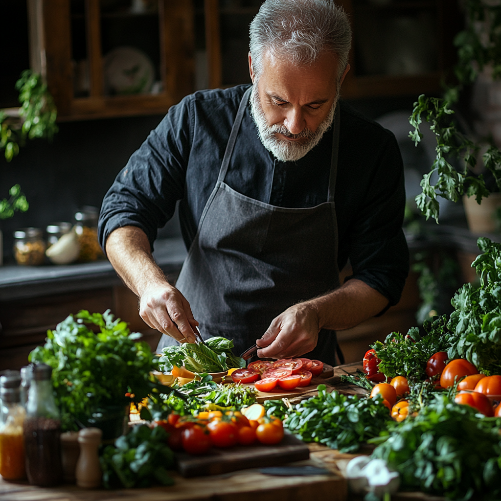 Зрілий чоловік 55 років у кухні готує здорову їжу, на столі різноманітні свіжі продукти та овочі